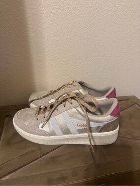 Gola Women's Beige and Pink Suede Low-Top Sneakers with Gold Accents